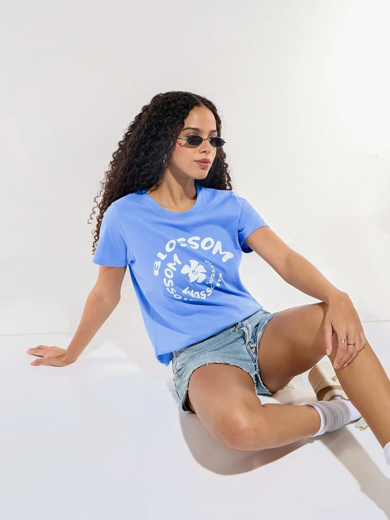 Outzidr  Blue Crew Neck Graphic Tshirt for Women | Best Price UAE